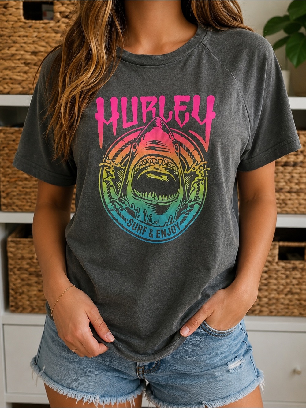 Hurley Surf Shark Graphic Tee in Neon Multicolor Size XL Youth (13-15 yrs)